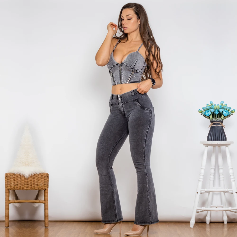 Shascullfites Shaper Suit Grey Denim Bodysuit Zipper Push Up Top Middle Waist Butt Lift Flare Jeans Women Two Piece Outfits