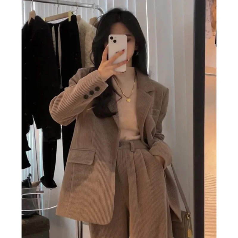 

Women's Autumn Vintage Casual Corduroy Blazers Suit Coat Wide Leg Pants Set Worn Solid Color Loose Blazer Pants Two Piece Set