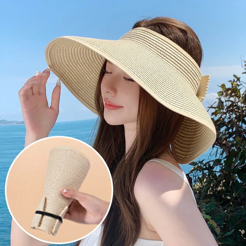 

Summer Wide Brim Straw Hat for Women Foldable Bowknot Empty Top Sun Hats Female Packable Visors Outdoor Beach UV Protection Caps