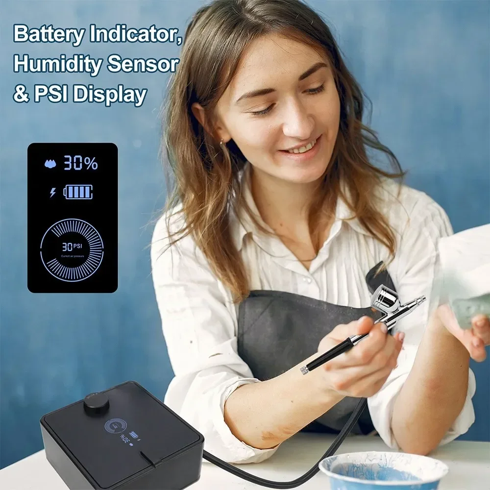 충전식 에어브러시 키트 듀얼 액션 에어브러시 건, 배터리 표시기 포함, PSI 디스플레이, 메이크업 네일 페인팅 케이크 이발화