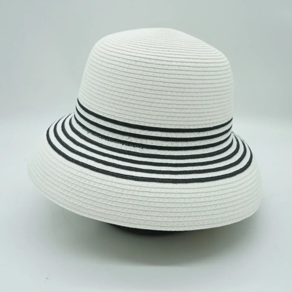 

Women White Cloche Summer Hat Floppy Hat Black Striped Straw Hat Wide Brim Sun Hat UV Protection Beach Cap