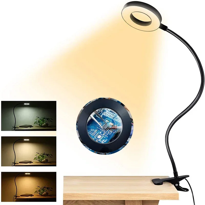 Led 조명이있는 접이식 데스크탑 돋보기 독서 수리 용접 책상 램프 용베이스가있는 USB 돋보기