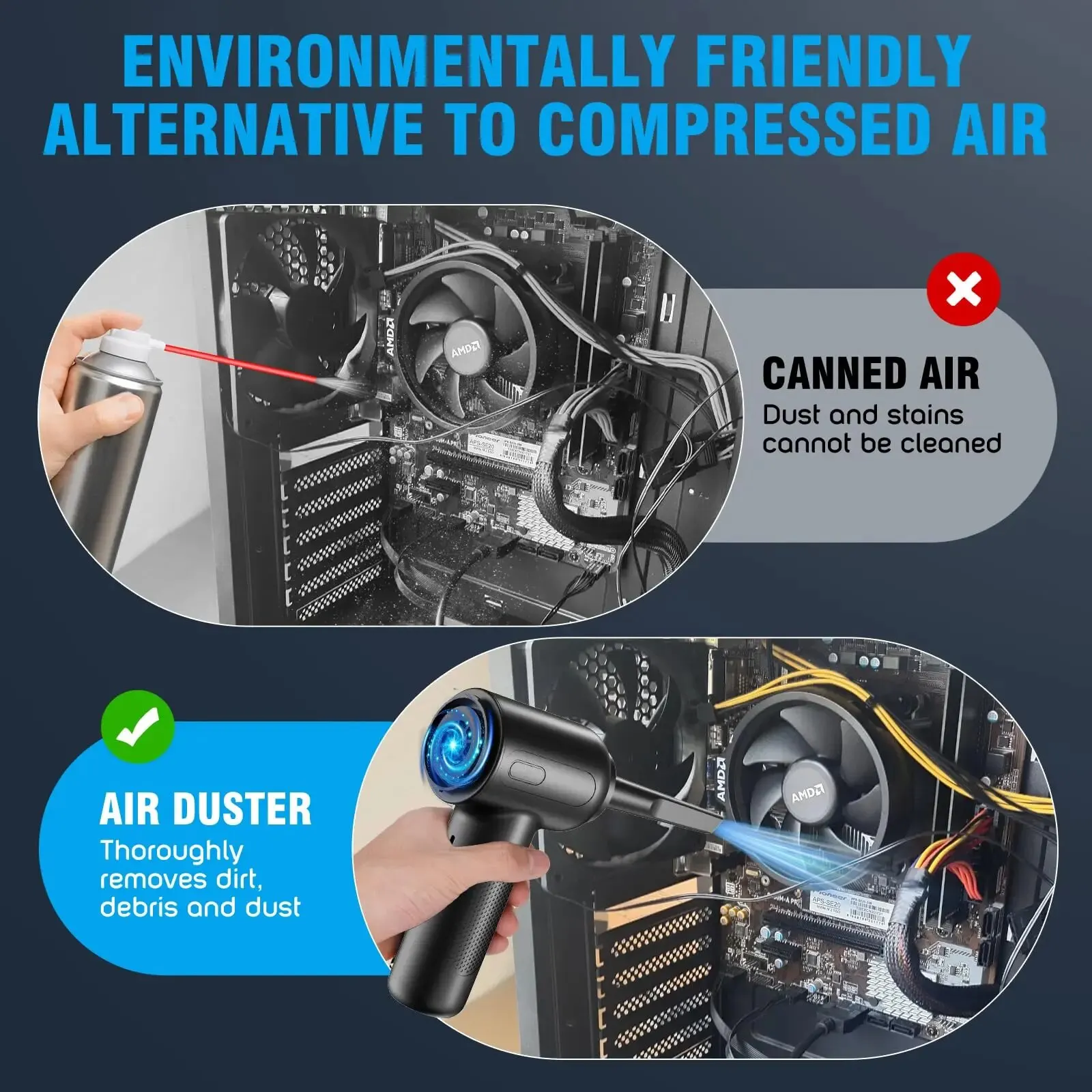2 In 1 Compressed Air Duster Cordless Rechargeable Blow and Suck Vacuum Cleaner For Computer Keyboard Sofa