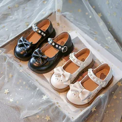 Girls Cute Pearl Bowknot Princess Shoes New Spring Autumn Non-slip Performance Party Leather Shoes Kids Soft Sole Flats Shoes