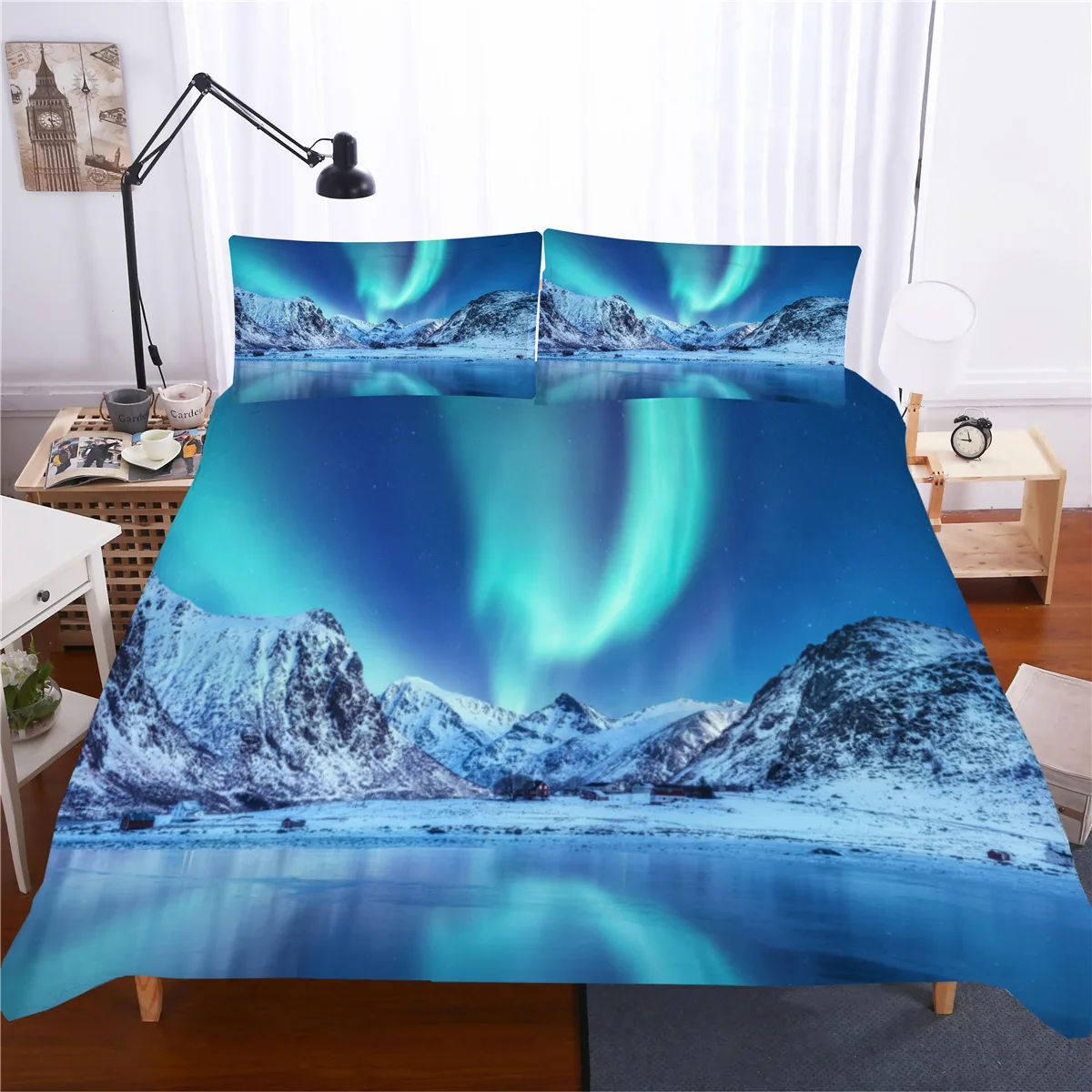 

Nature Landscape Sunset Polar Lights Theme Duvet Cover Blue Sky Mountain Modern Art Polyester King Size Quilt Cover Kids Adults