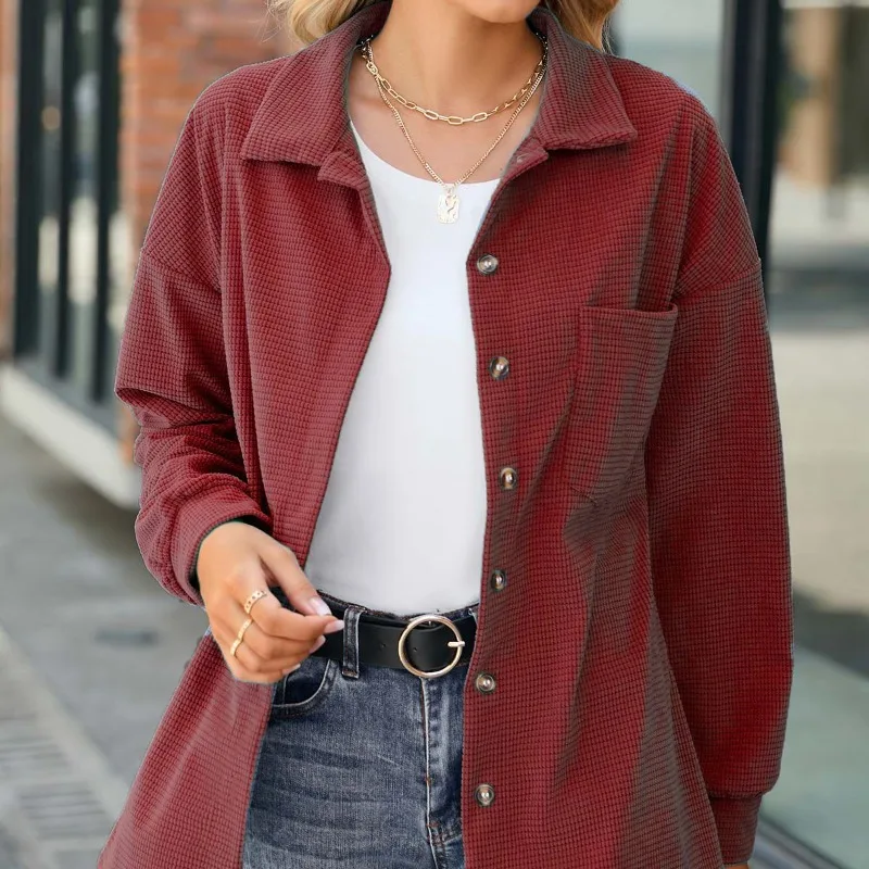 Autumn and Winter Women's Cardigan Suit Collar Long Sleeve Solid Plaid Button Pocket Patchwork Loose Fashion Casual Coats Tops