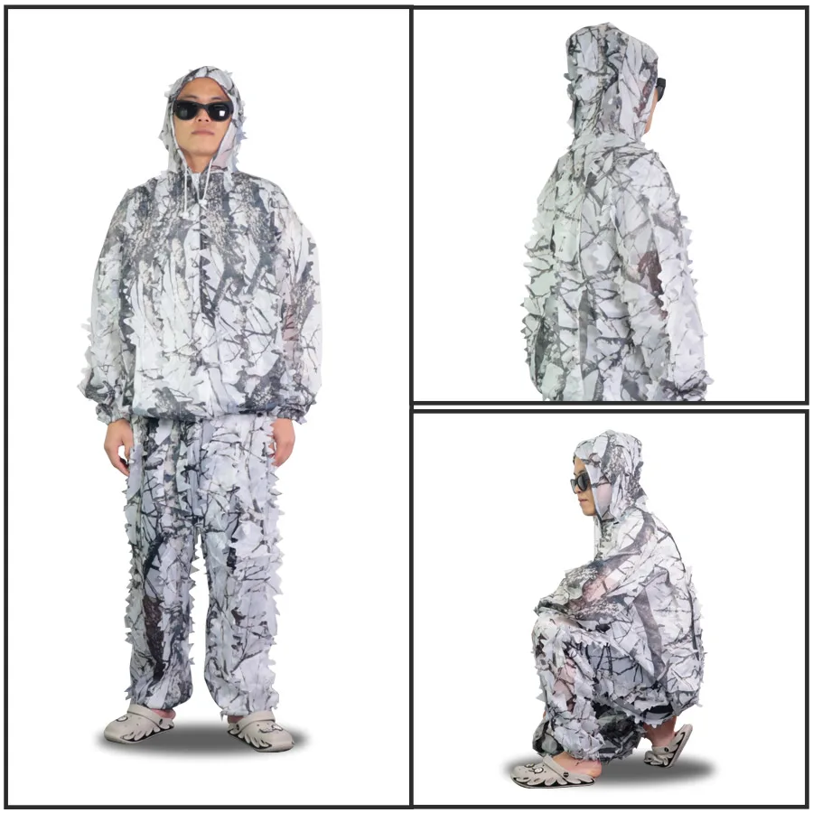 Sniper CS Bionic Camouflage Suit Men 3D Maple Leaf Ghillie Suits White Snow Hunting Suits Invisible Camo Full Set ghillie suit