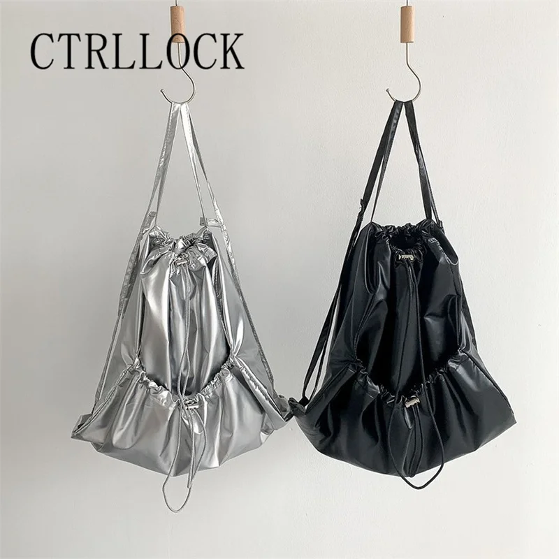 

CTRLLOCK Streetwear Silver Backpack Forwomen Straps Drawstring Backpack Ruched Pleated Backpacks