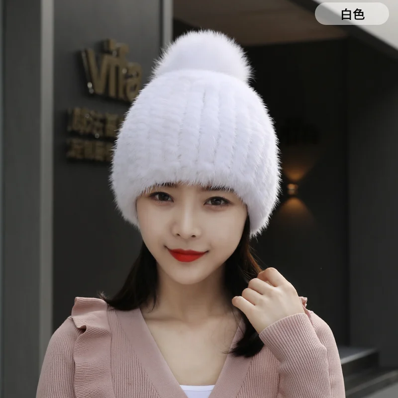 Winter Fur Hat Real Mink Fur Hat For Women Knitted Mink Ear Warm Cap The Spiral Beanies Cap With Fox Pompom On The Top