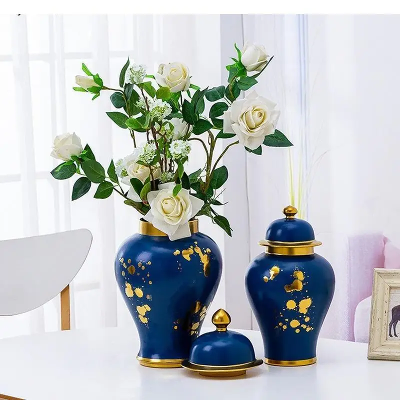 

Chinese General Jar Vase Decoration Flower Arrangement Accessories Blue Ceramic Vase with Lid Home Decoration Ginger Jar