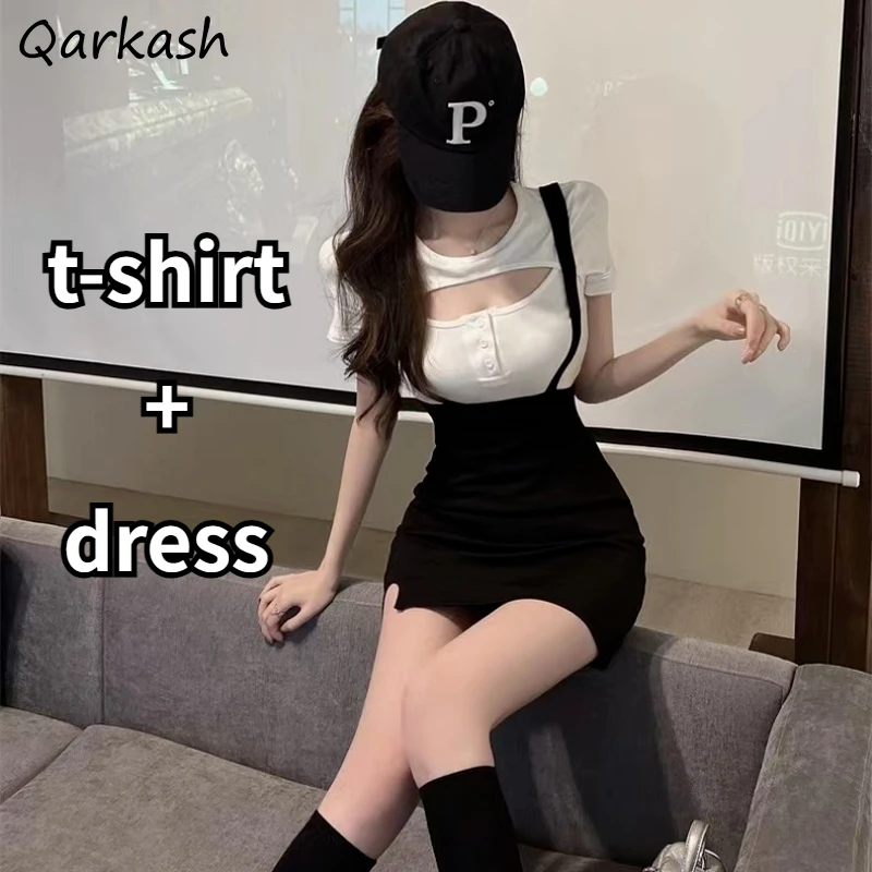 

2 Pcs Sets Women Hollow Out T-shirts Irregular Mini Dresses Fashion Sexy Girls Summer Teens Ulzzang Tender All-match Soft Sweet