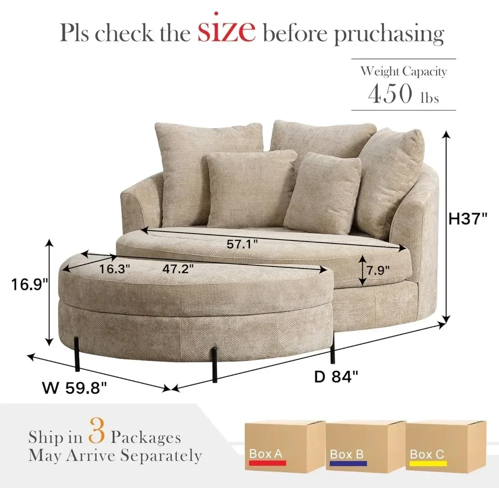 59.8" W Living Room Chair with Ottoman, Wheels, Knitted Chenille, Round Barrel Chairs Set, Extra Large Living Room Chair Set