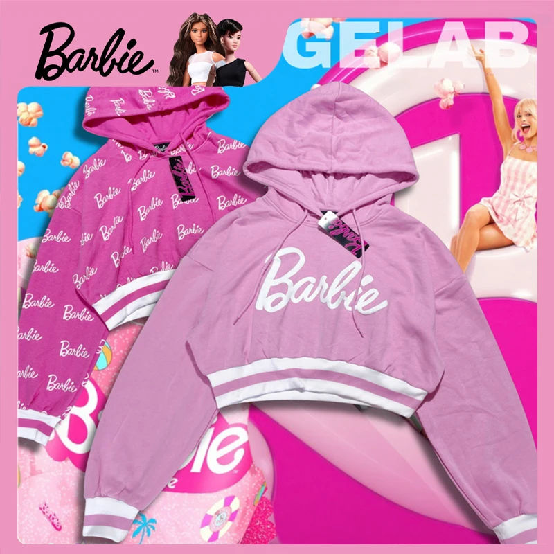 

2023 New Barbie Cotton Letters Hooded Sweater Fall Kawaii Girls Y2K High Quality Warm Pink Tops Fashion Single Holiday Gift