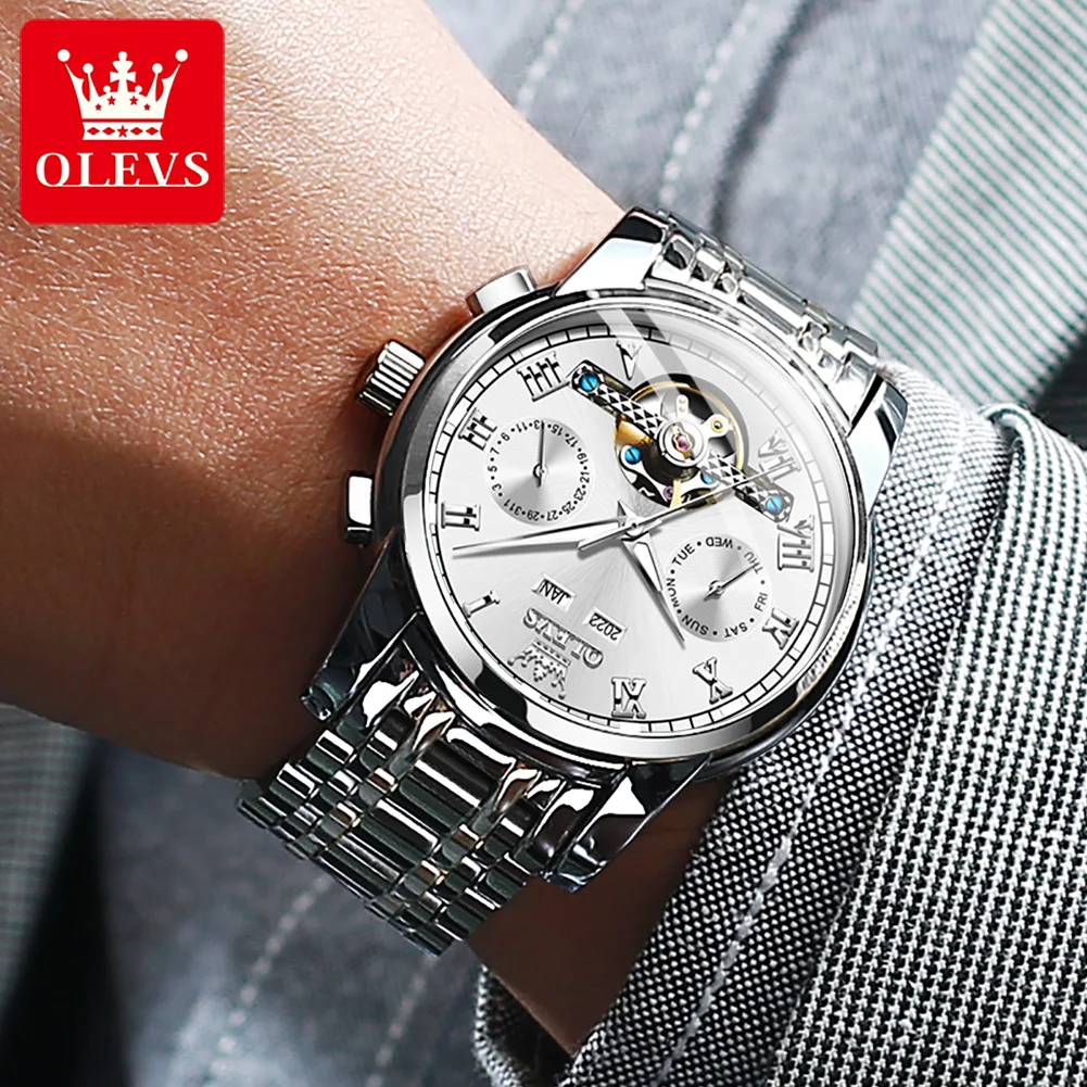 OLEVS 6607 Automatic Mechanical Watch for Men Stainless Steel Strap Waterproof Date Calendar Skeleton Wristwatch Classic