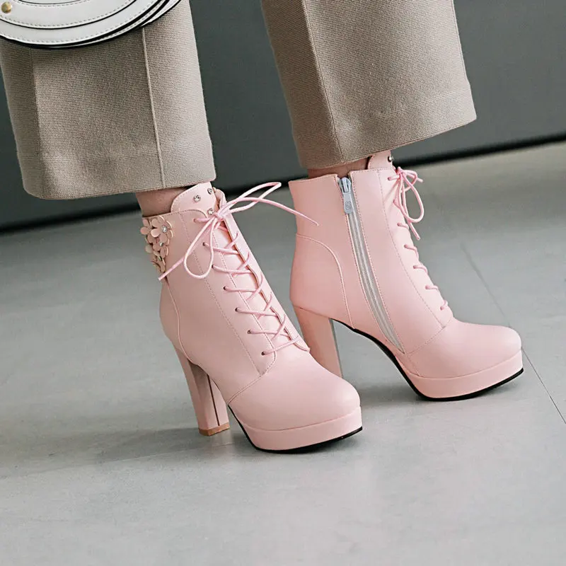 Women Ankle Boots Autumn Winter Round Toe Lace Up Chunky High Heel Shoes Platform Knight Short Boots Side Zipper Size 33-43