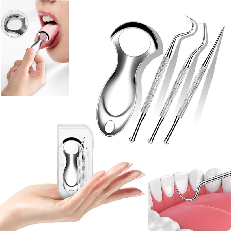 Mini Stainless Steel Tongue Scraper Toothpick Set Tongue Coating Teeth Cleaning Bad Breath Removal Oral Hygiene Cleaning