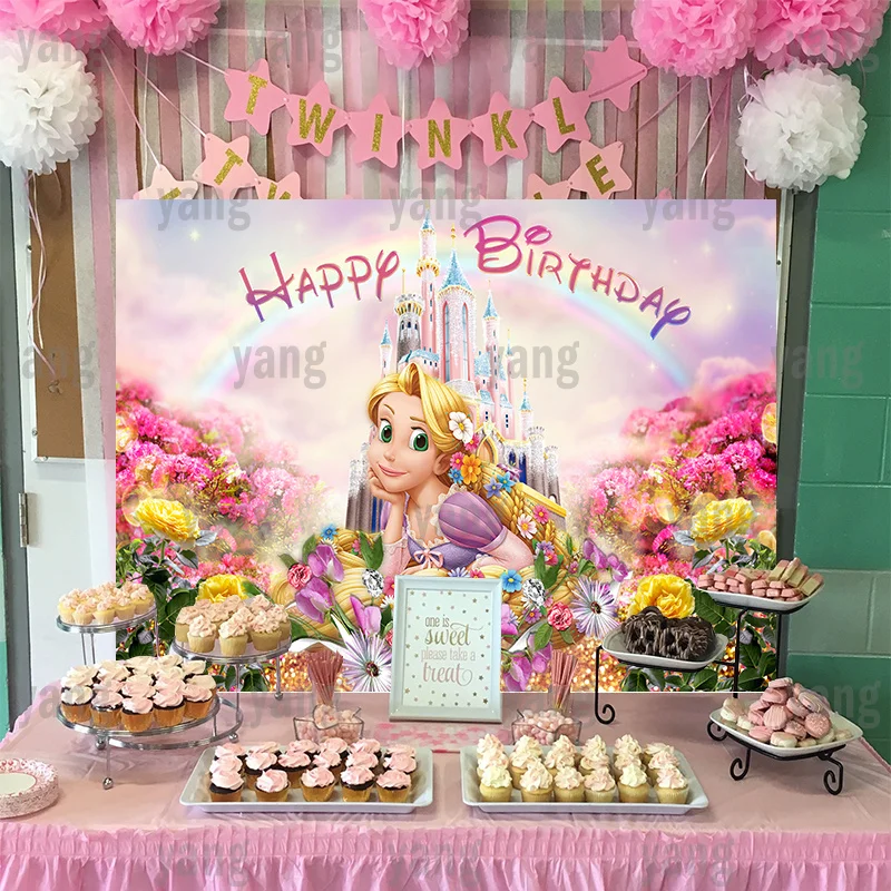 Disney Castle Backdrop Princess Rapunzel Tangled Rainbow Birthday Party Baby Shower Flower Banner Background Supplies Decoration