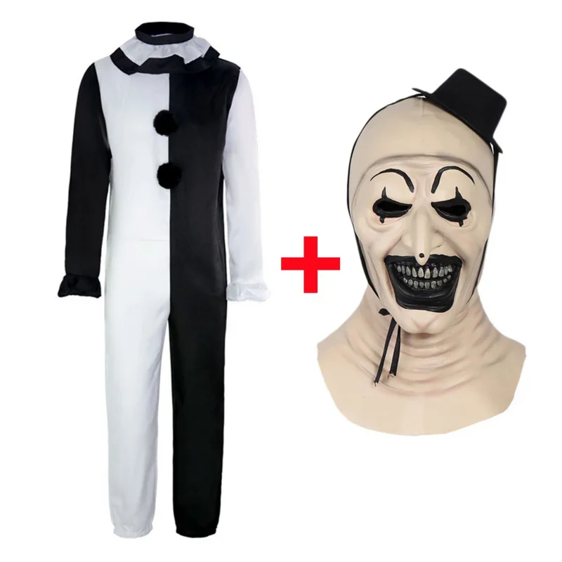 

Terrifier Art The Clown Costume Mask Suit Cosplay Horror Evil Joker Hat Latex Masks Jumpsuit Halloween Carnival Party Props