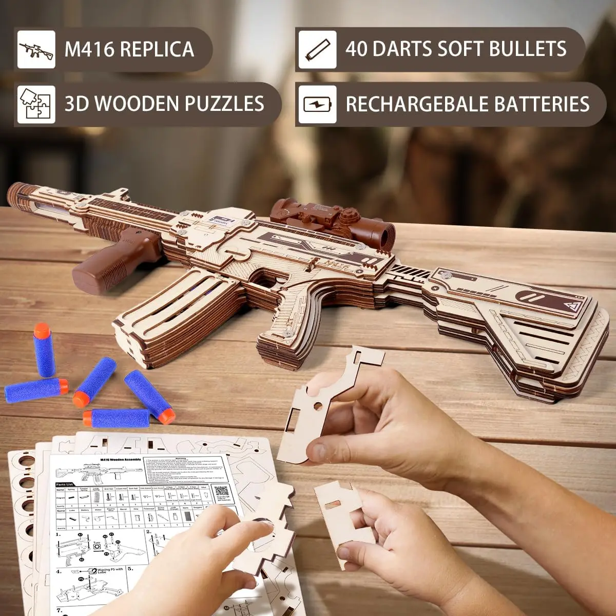 VATOS 3D Wooden Gun Puzzles for Kids Adult with Foam Soft Bullet Electric Wooden M416 Model Rifle Guns Toy DIY Building Gift Boy 4