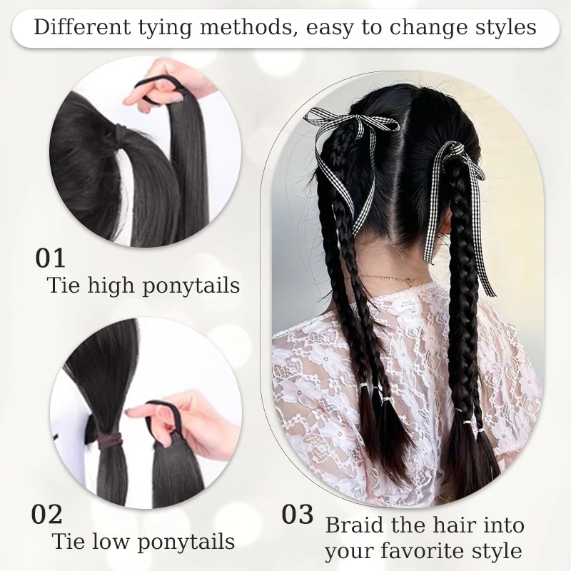 2PCS Synthetic Straight Hair Ponytail Wig 18inch Long Black Brown Ponytail Extensions with Hair Tie for Women Daily Party Use