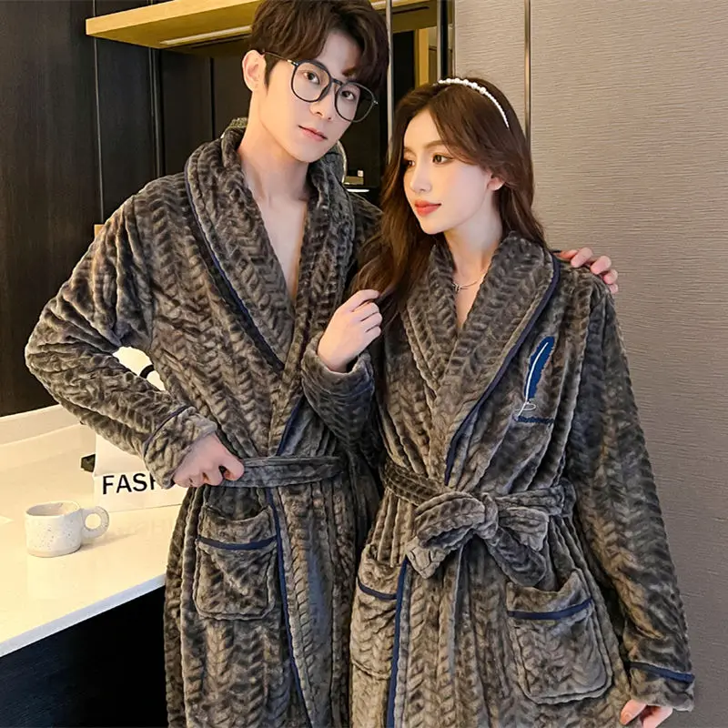 

2023 New Winter Flannel Couple Pajamas Female Coral Velvet Robes Men Plus Velvet Sleepwear Padded Warm Bathrobe Homewear Suit