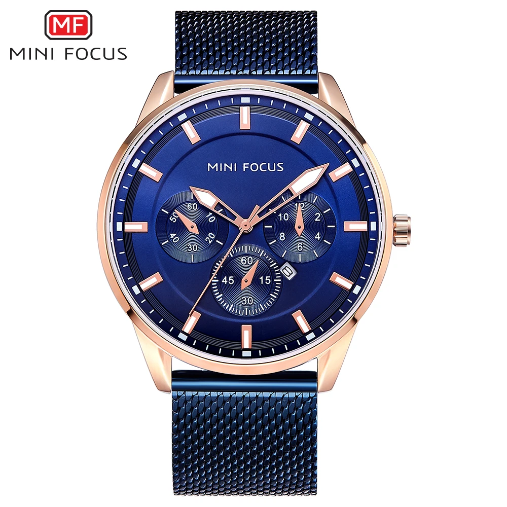 

MINI FOCUS Men's Classic Chronograph Quartz Watches 2019 New Waterproof Mesh Strap Wristwatch Man Relogios Clock 0178G Rose blue