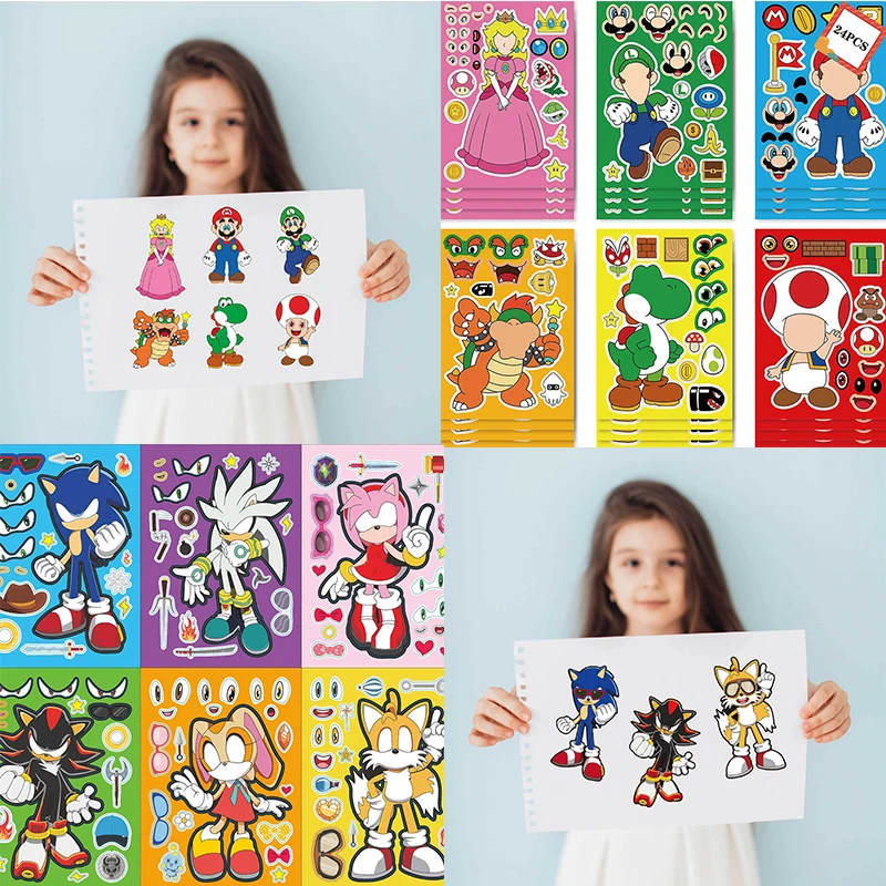 

6/12/18/24Pcs Sonic The Hedgehog Children DIY Puzzle Sticker Mario Funny Anime Cartoon Assemble Kids Toys Boys Girls Gifts