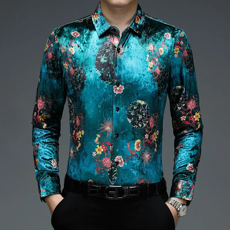FlowersFancyBlueVelvetShirtsForMensFloralPrintedVelourMens