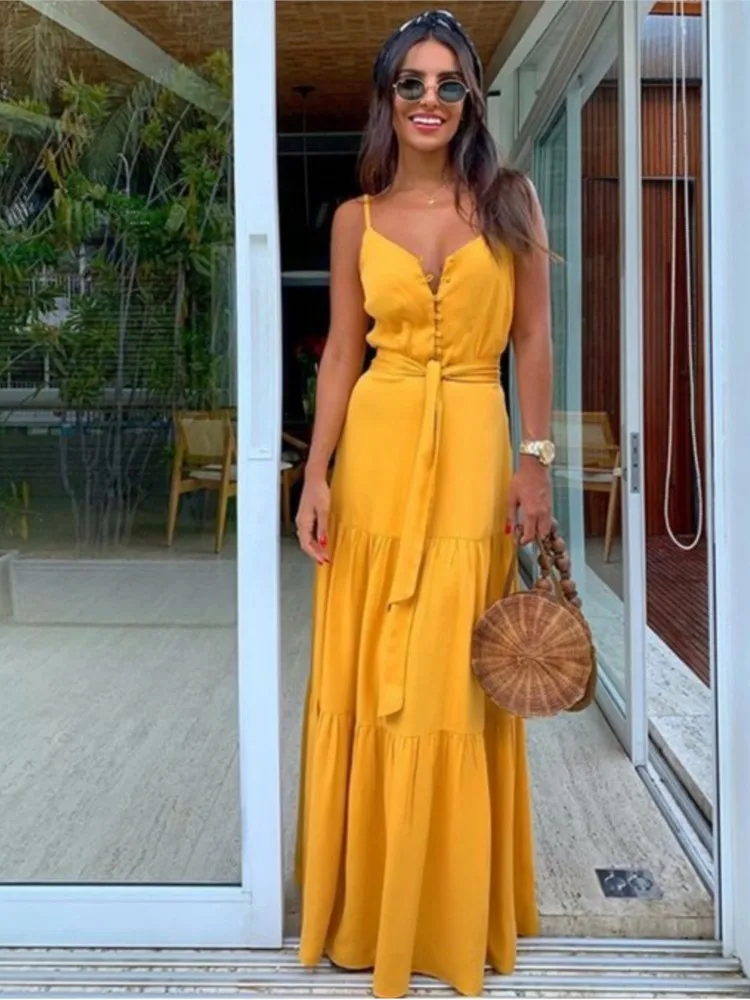 Summer Spaghetti Strap Long Dress Bohemian Style Casual Vacation Maxi Beach Dresses For Women Fashion Elegant Lady Robe Vestidos