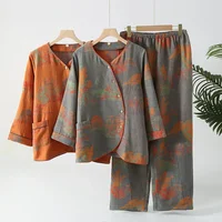 2026 New Spring/Summer Women's Pajama Set 100% Cotton Jacquard Flower Long Sleeve Long Pants Large Home Clothes Two Piece Set