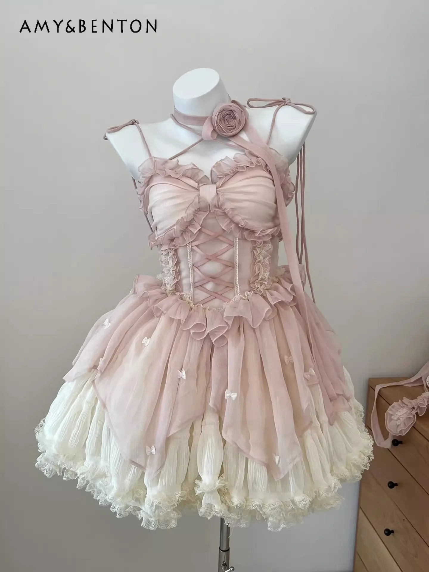 

Summer New Lolita Elegant Pink Princess Dress Lace-up Bow Design Sexy High Waist Slim Ball Gown Birthday Dress for Women