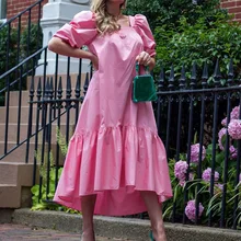 

Pink Sweet Dresses for Women Loose Square Collar Puff Sleeves Draped Patchwork Party Evening Birthday Date Spring Summer Dress