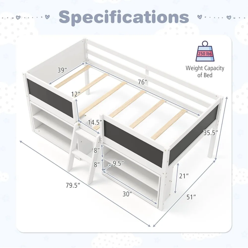 Children Beds, Low Loft Twin Size, Wooden Loft Bed with Ladder Blackboard, 2-Step Ladder, 4 Chalkboards, 2 Moveable Bookcases 2