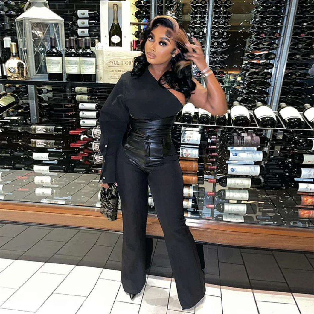 One Shoulder Tops Leather Pants 2 Piece Pant Sets Winter Fall Clothes 2023 Women Party Club Crop Tops Two Piece pants Sets