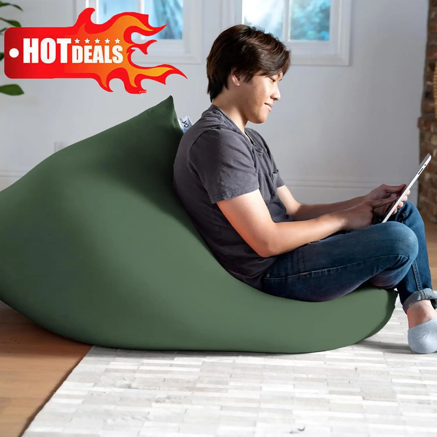 Short Bean Bag Lounger Chair  Comfy, Sensory Lounge Beanbag Loveseat, Washable Cover, Fern