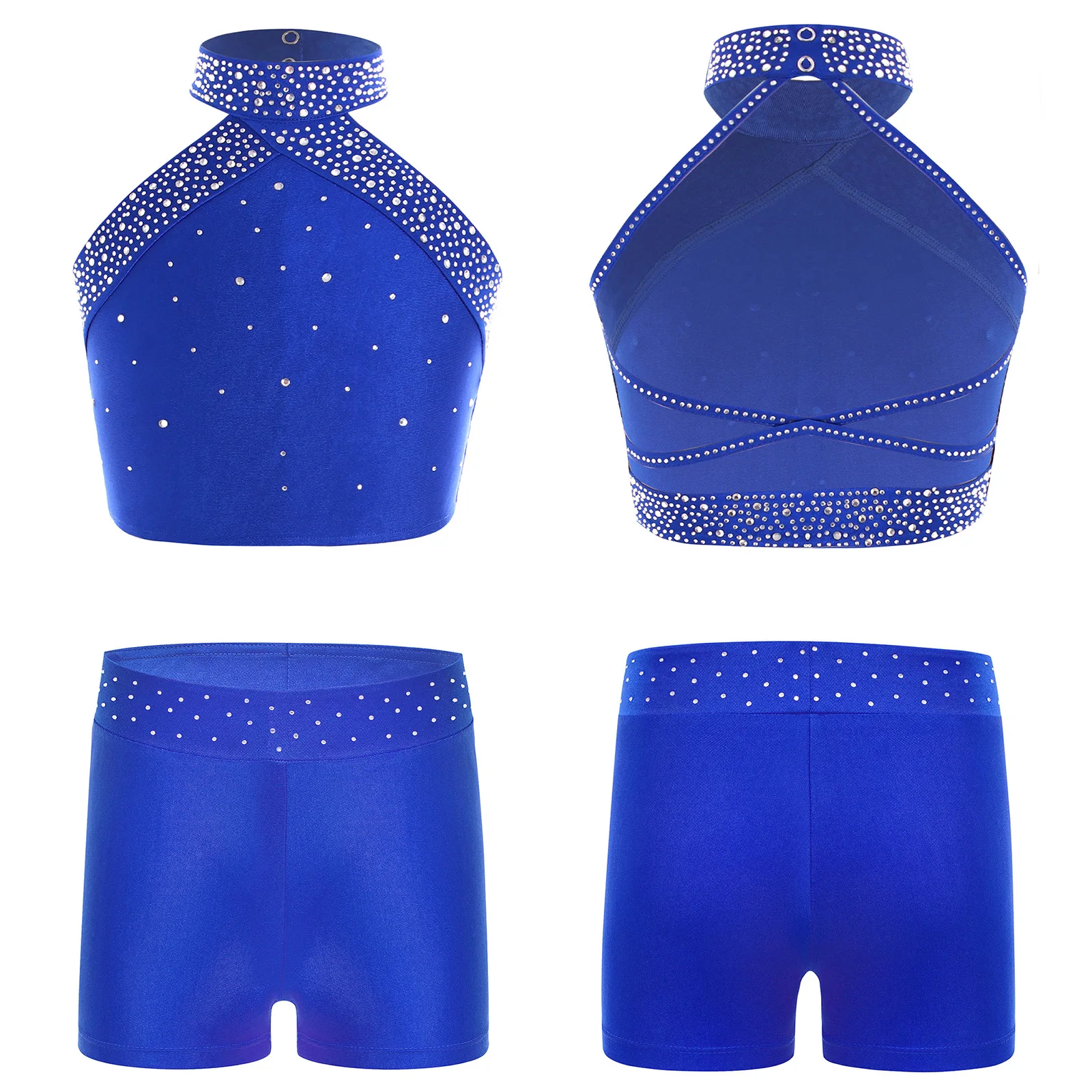 Kids Girls Figure Skating Gymnastics Dance Outfit Shiny Rhinestones Sleeveless Vest with Shorts Ballet Stage Performance Costume