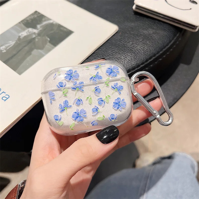 Heart Flower Bling Glitter Earphone Case with Keychain - Soft TPU Cover with Keychain Attachment