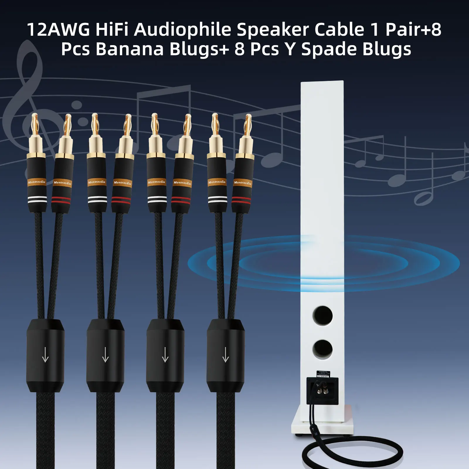 Paar Monosaudio Audiophile Lautsprecherkabel 12AWG mit Bananenstecker/Y-Flachstecker OFC Kupfer Nylon geflochtenes Lautsprecherkabel für Subwoofer – Detail 2