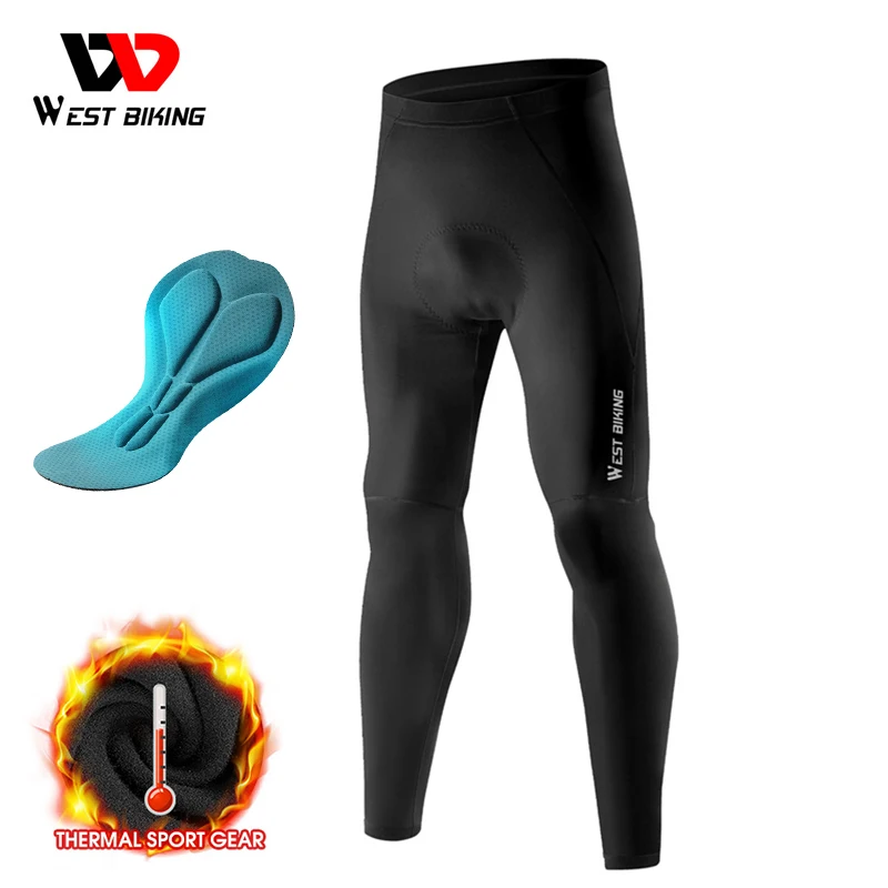 West Biking YP0203130 Winter Cycling Pants With Pads Windproof Fleece Tights MTB Enduro Road Bike Compression Pants Thermal Sport Gear