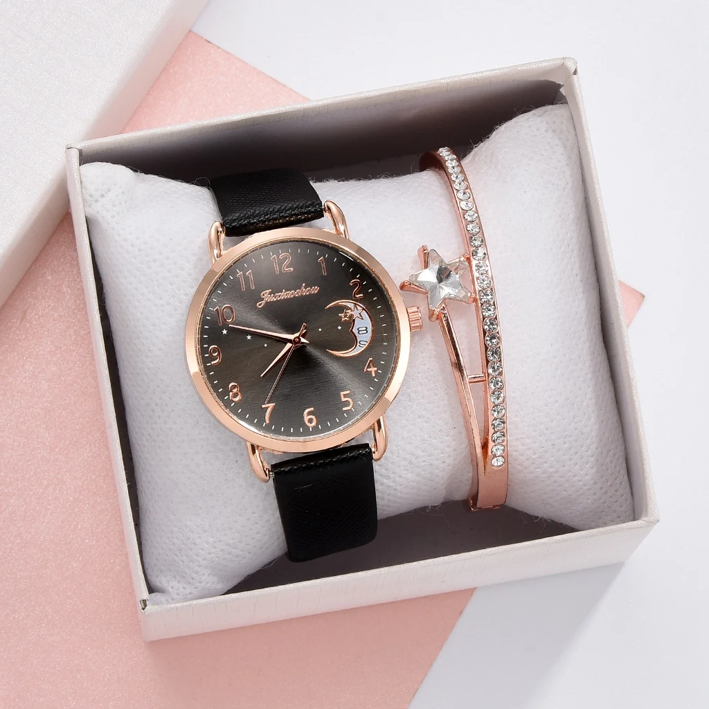 Women Watch Moon Numbers Dial Bracelet Watches Set Ladies Leather Band Quartz Wristwatch Women Female Clock Relogio Mujer