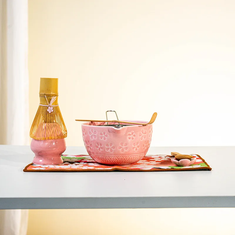 말차 다도 세트 벚꽃 대나무 말차 거품기 세트 도자기 다완 전통 일본 다도 도구 홈 선물