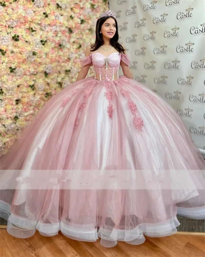 

ANGELSBRIDEP Розовое Кружевное бальное платье, платья для Quinceanera 2024, с открытыми плечами, с аппликацией из кристаллов, милое платье 16, платье на шнуровке для 15 лет
