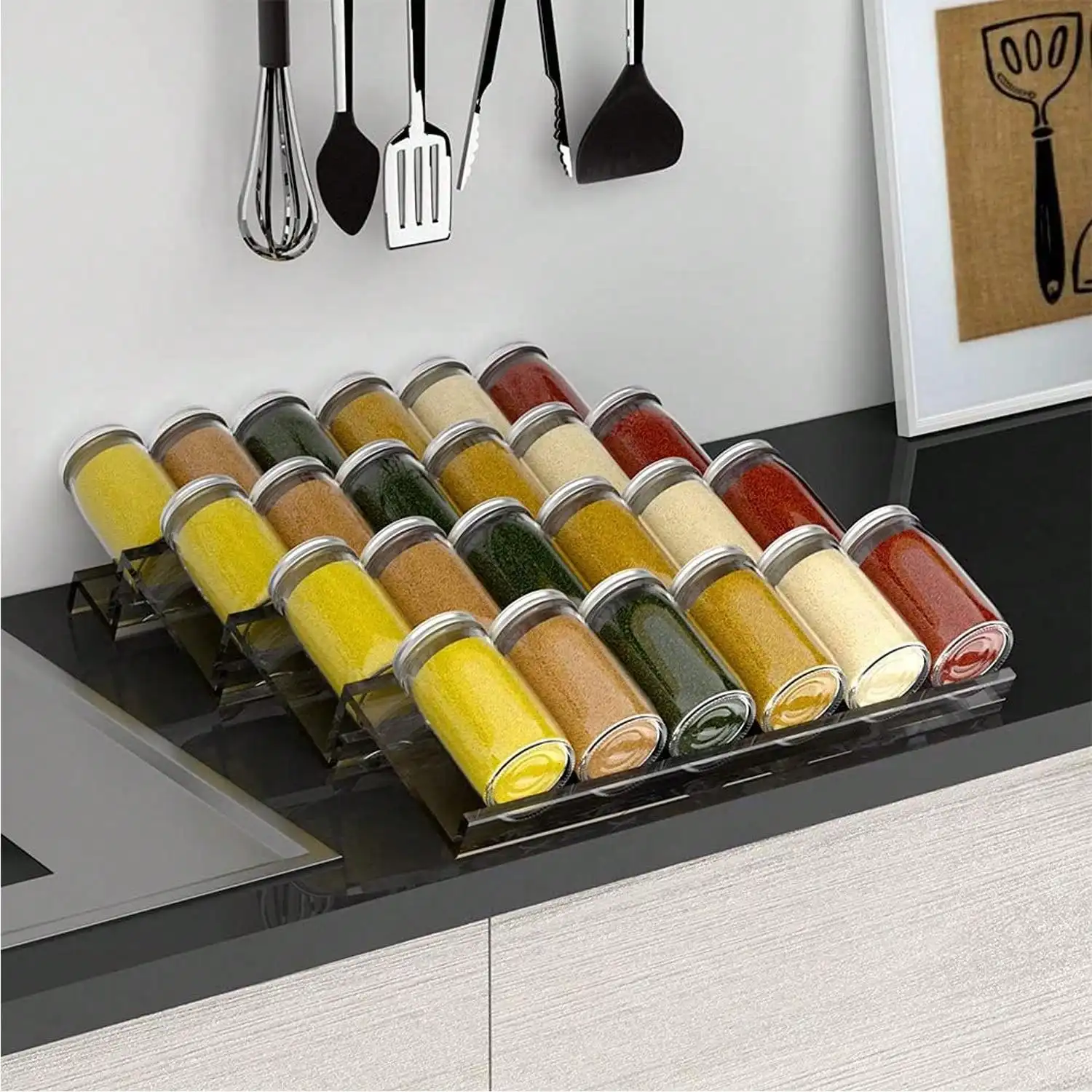 4 Layer Spice Drawer Organizer Adjustable Acrylic Spice Jars Rack Tray Expandable Seasoning Organizer Cabinet Kitchen Shelves 3