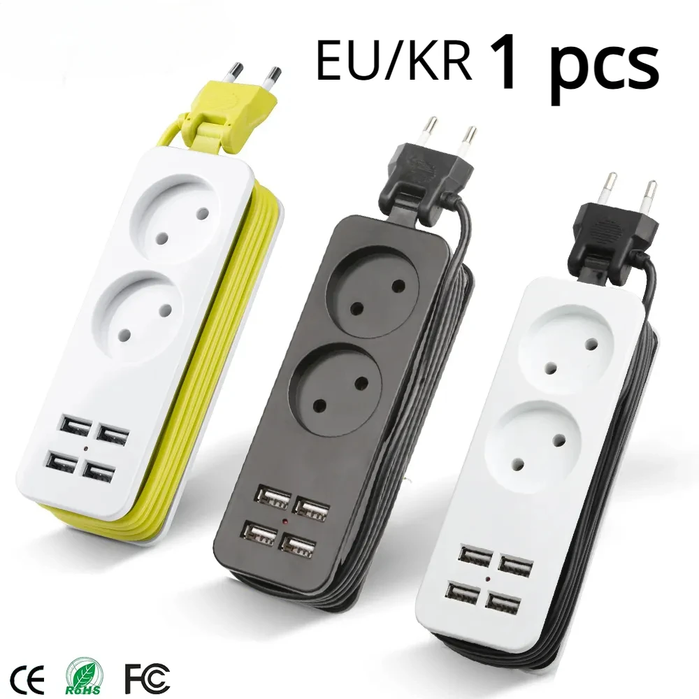 EU/KR 플러그 멀티탭, 4 USB 휴대용 익스텐션 소켓 플러그, AC 전원 여행 어댑터, USB 스마트 폰 충전기, 4.0mm, 4.8mm