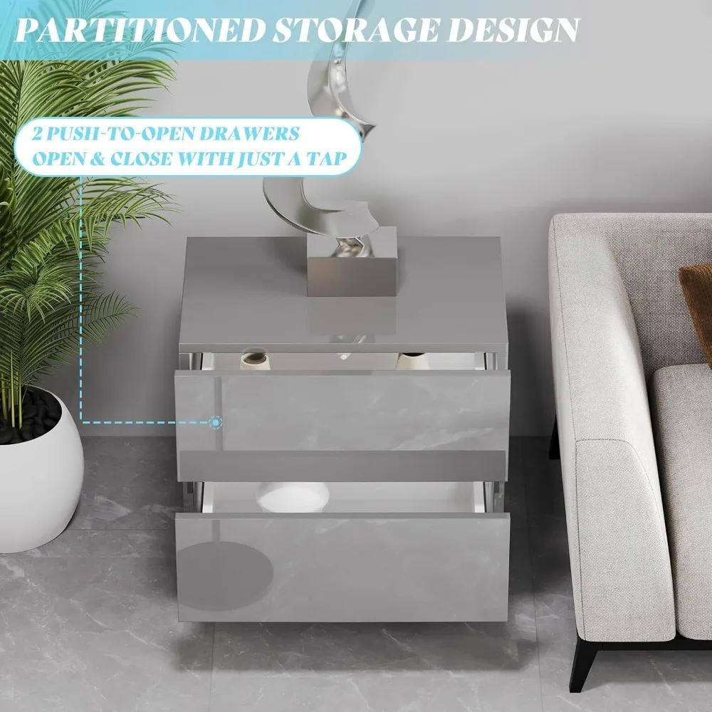 Modern Minimalist Nightstand Set of 2, 24" High Gloss Electroplated Sofa Side Table with 2 Magnetic Storage Drawers, Rectangula 6