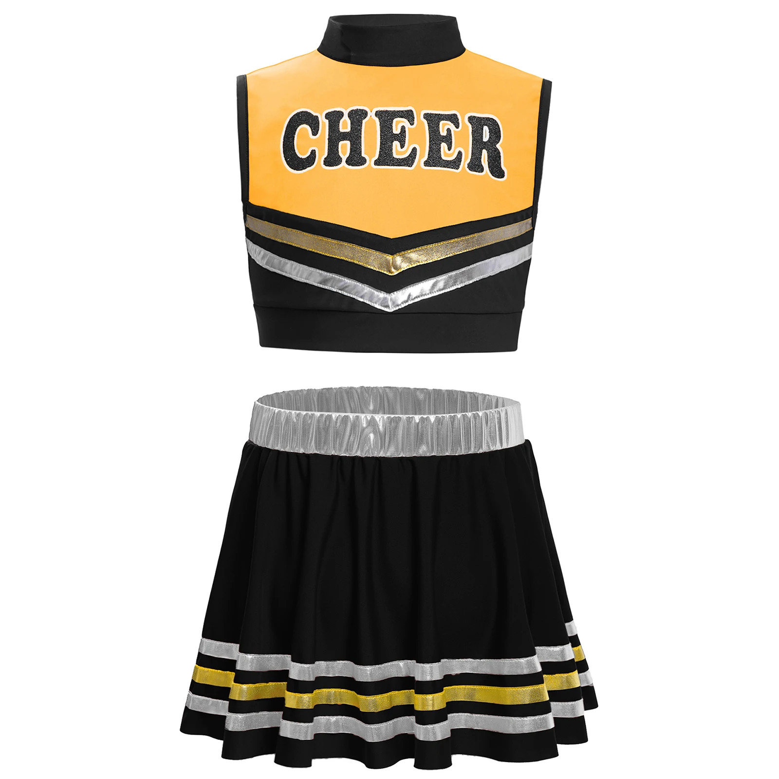 Kinder Mädchen Cheerleader Cheerleading Tanz Performance Kostüm Buchstaben bedrucktes Crop Top mit metallisch gestreiften Rock und Shorts – Detail 30