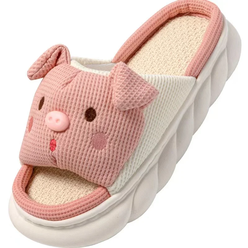 2024 New Pink 3.5cm Fashion Soft Ladies Casual Cute Piggy Pattern Design Comfortable Female Linen Home Slippers