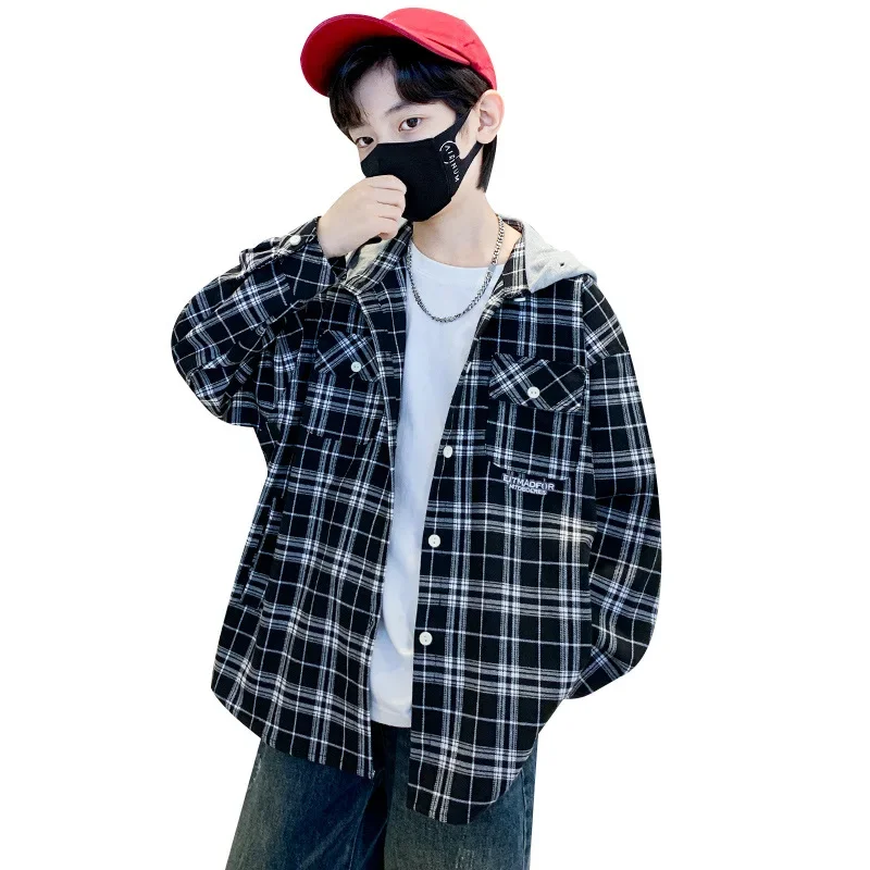 Loose Plaid Hooded Shirt for Boys Mid-to-Big Children Spring Autumn Fashionable Casual Top Hot Sale Of The Season