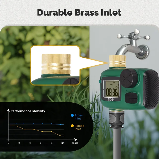 MOES Water Timer 1-Outlet Brass Inlet Rotary Knob Button Control With LCD Display Screen IP55 Waterproof Rain Delay Child Lock 3