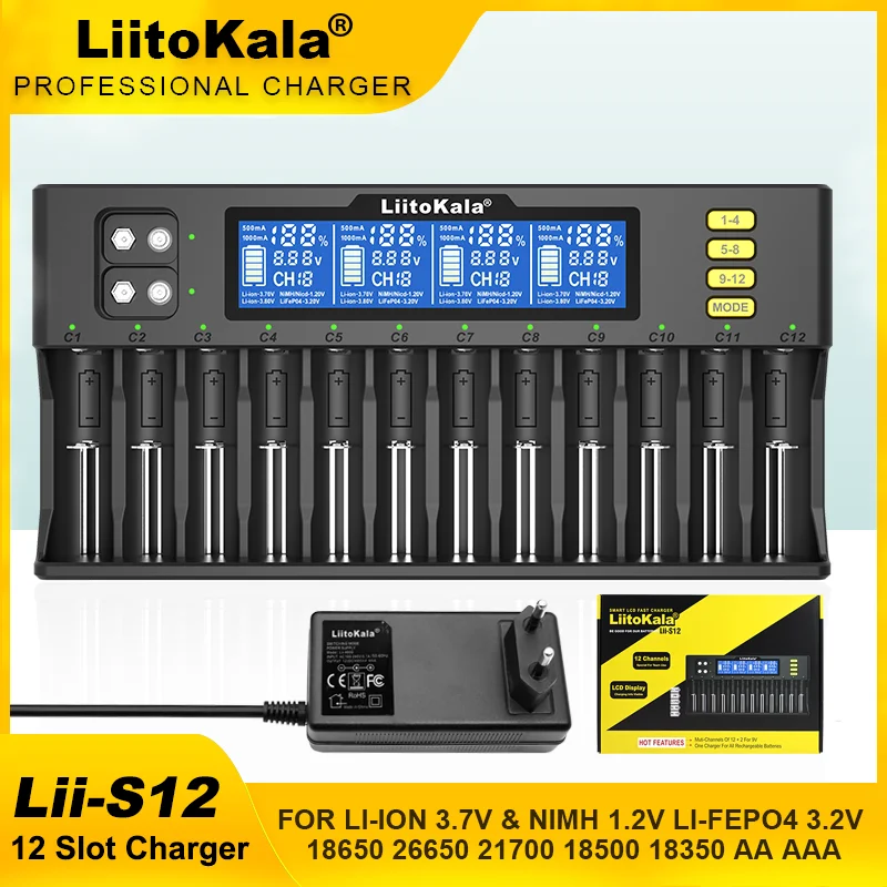 LiitoKala Lii-S12 Lii-S8 18650 21700 26650 9V Battery Charger LCD 1.2V 3.8V 3.2V 3.7V 26700 20700 18350 IMR NiMH/Cd  AA AAA